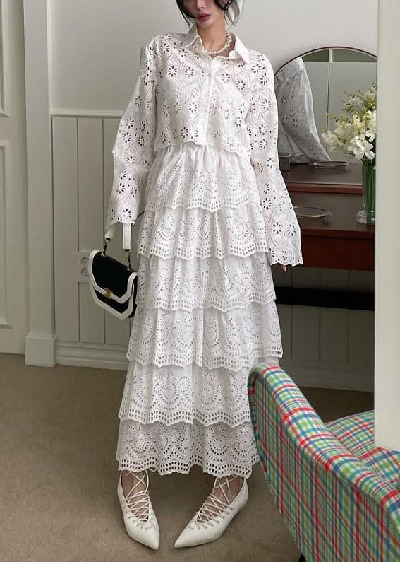 French White Hollow Out Shirts and Skirts Cotton Two Piece Set Fall