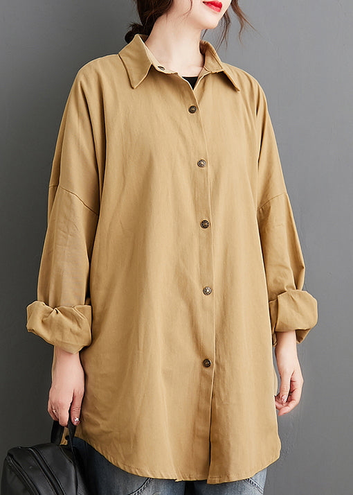 Khaki Peter Pan Collar Wrinkled Patchwork Cotton Blouses Fall