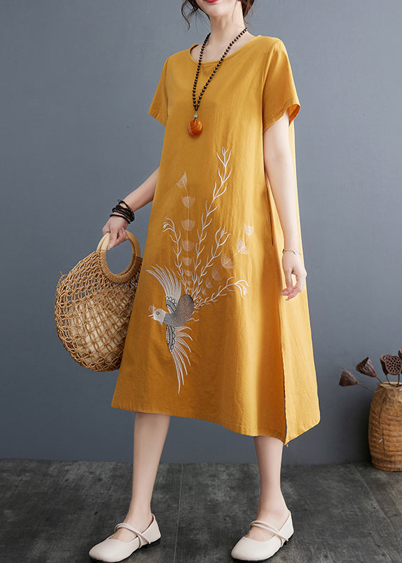 Yellow Embroidered Linen a Line Dress Summer