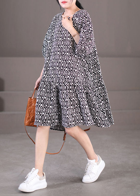 Black Puff Sleeve Plaid Print Patchwork Cotton a Line Dress Summer