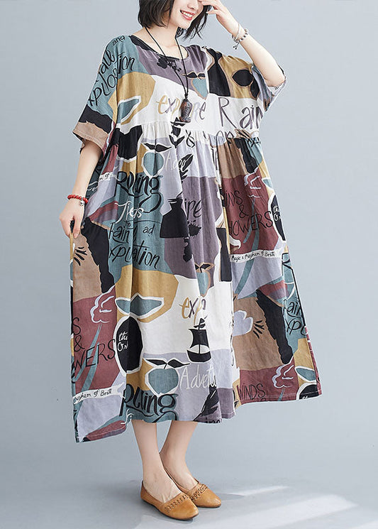 Grey O-neck Print Wrinkled Cotton Maxi Dresses Short Sleeve