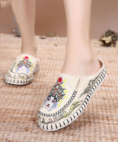 Blue Linen Fabric Unique Bei Jing Opera Embroideried Slide Sandals