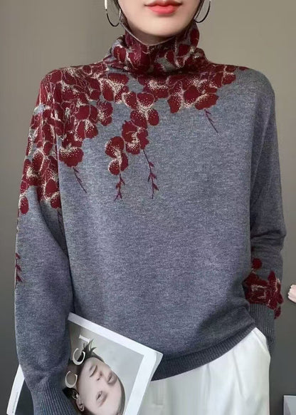 Turtle Neck Print Knit Sweaters Fall