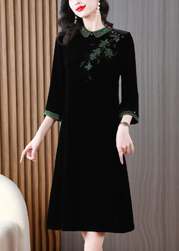 Green Peter Pan Collar Embroideried Silk Velour Long Dress Long Sleeve