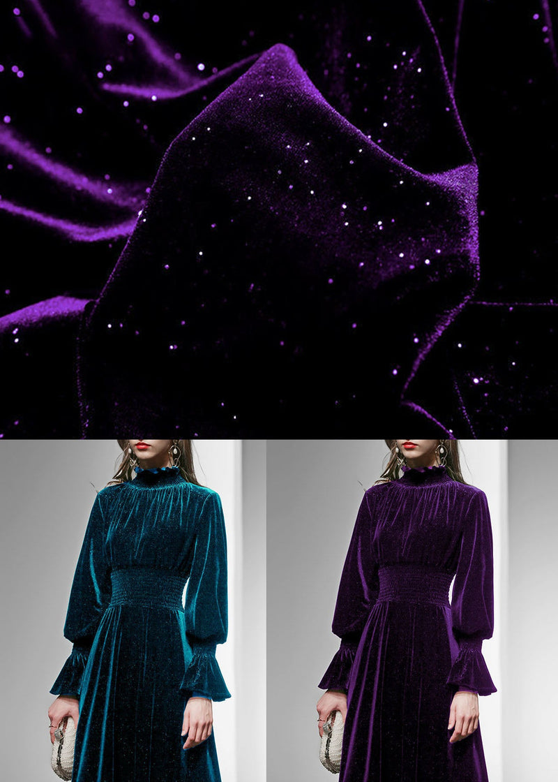 Peacock Blue Hign Neck Velour Maxi Dresses Lantern Sleeve