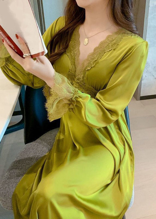White V Neck Lace Patchwork Ice Silk Long Dress Long Sleeve