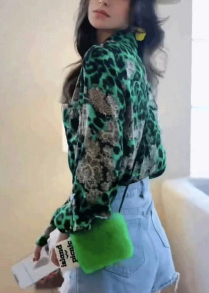 Modern Green Leopard Print Chiffon Blouse Top Fall