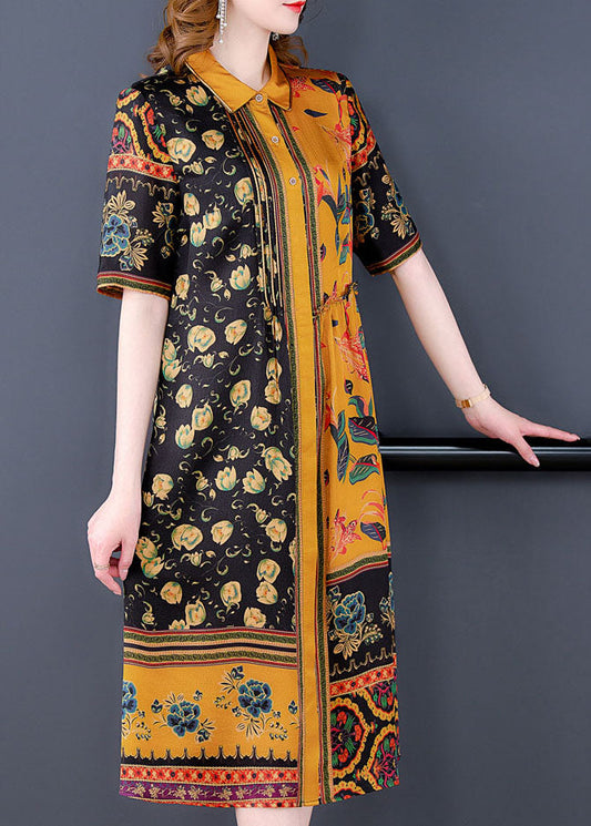 Yellow Peter Pan Collar Print Silk Shirt Dress for Short Sleeve