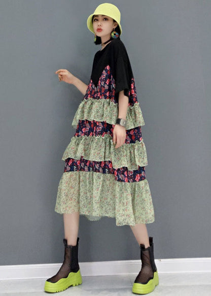 Style Black O-neck Layered Patchwork Ruffles Cotton Robe Dresses Short Sleeve