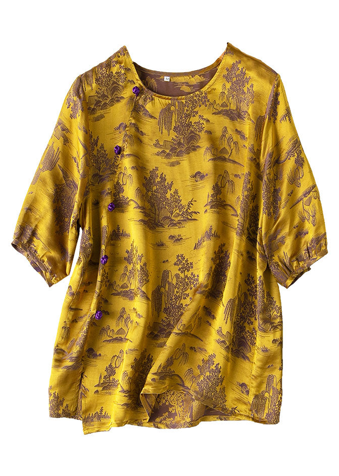 Yellow Printing Side Open Draping Silk Shirt Tops Short Sleeve
