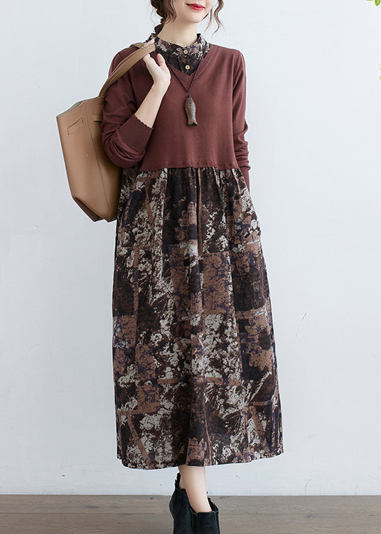 Blue Stand Collar Button Patchwork Long Dresses Long Sleeve