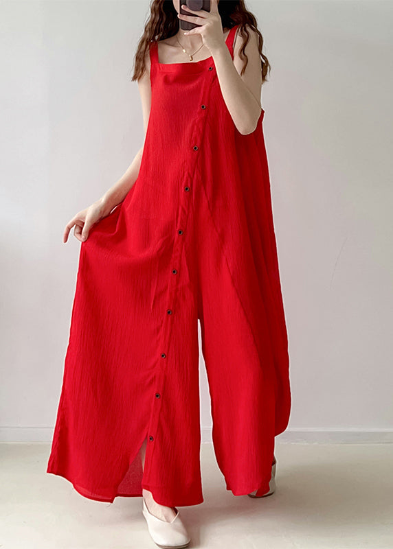 Red Asymmetrical Single Breaasted Chiffon Jumpsuits Fall