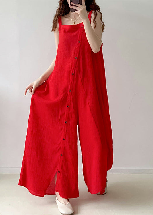 Red Asymmetrical Single Breaasted Chiffon Jumpsuits Fall