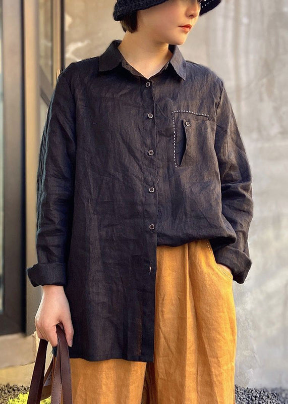 Chocolate Embroideried Button Peter Pan Collar Linen Shirt Top Long Sleeve