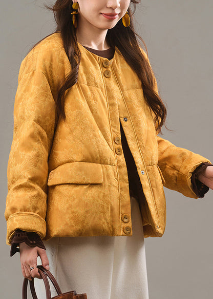 Jacqua Yellow O-neck Button Pockets Down Coat Winter
