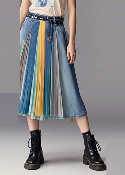 Blue Patchwork Wrinkled Denim Skirts Fall
