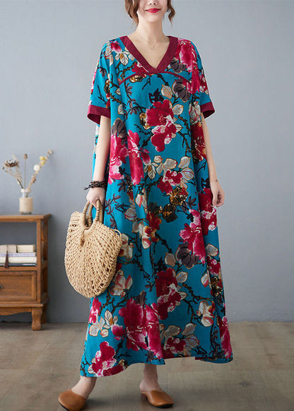 Blue V Neck Patchwork Print Cotton Dresses Short Sleeve