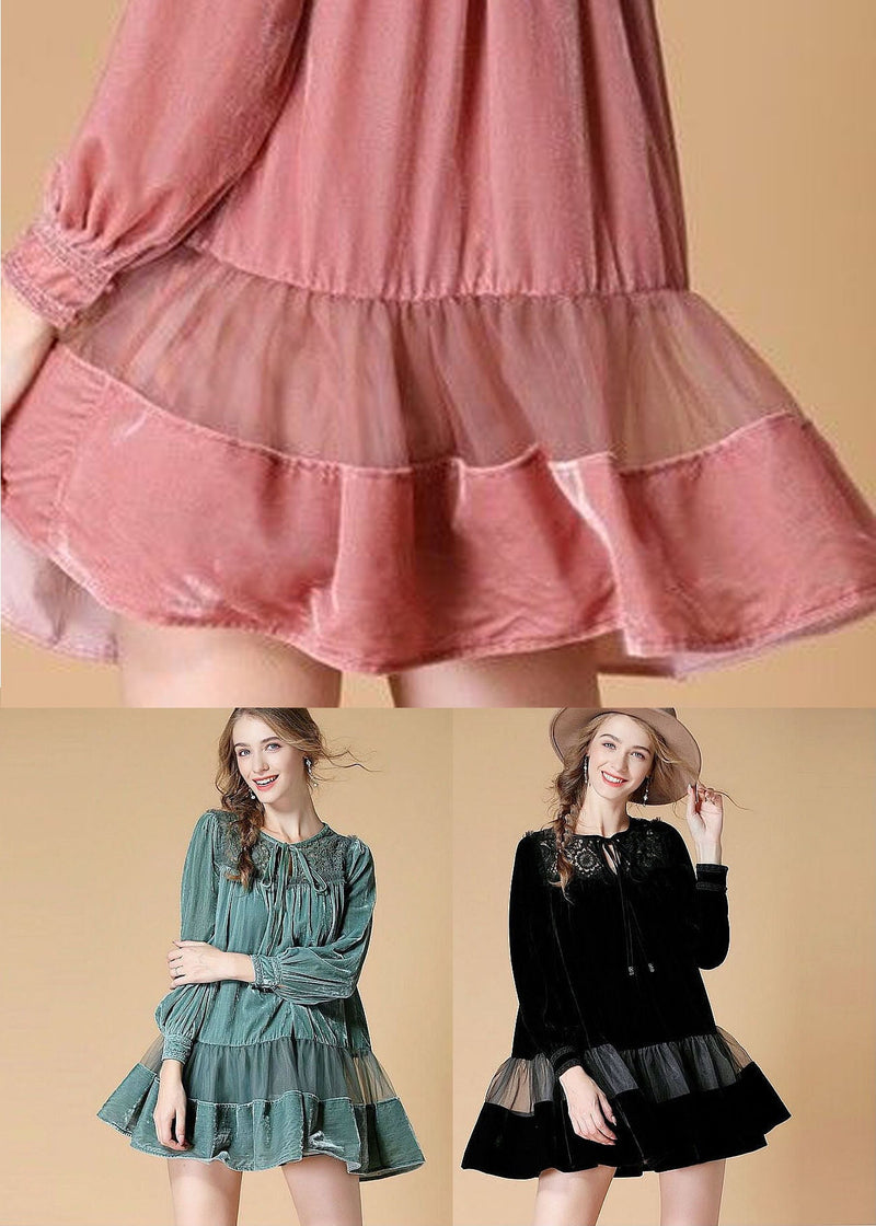 Pink Embroideried Lace Up Patchwork Velour Dress Spring