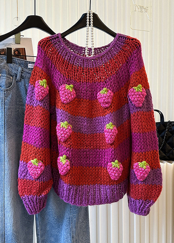 Diy Rose Striped Strawberry Decorated Knit Sweaters Winter