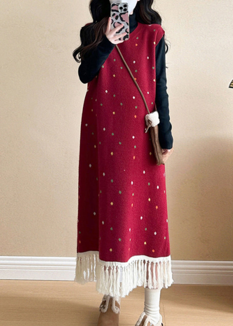 Red Tasseled Patchwork Knit Vest Long Dress Sleeveless