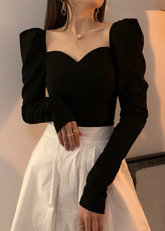Slim Fit Black Asymmetrical Cotton T Shirt Long Sleeve