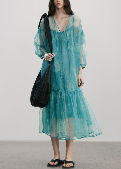 Blue V Neck Wrinkled Patchwork Silk Dress Summer