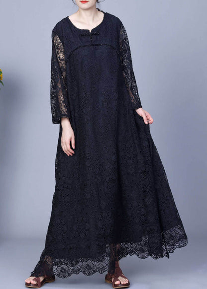 Black Hollow Out Patchwork Lace Long Dresses O-neck Long Sleeve