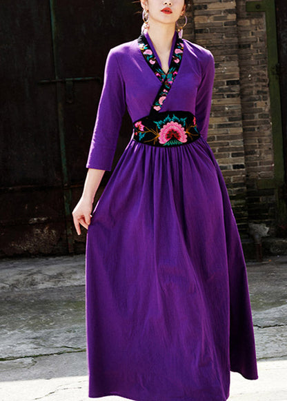 Purple V Neck Embroideried Zippered Wrinkled Maxi Dresses Fall