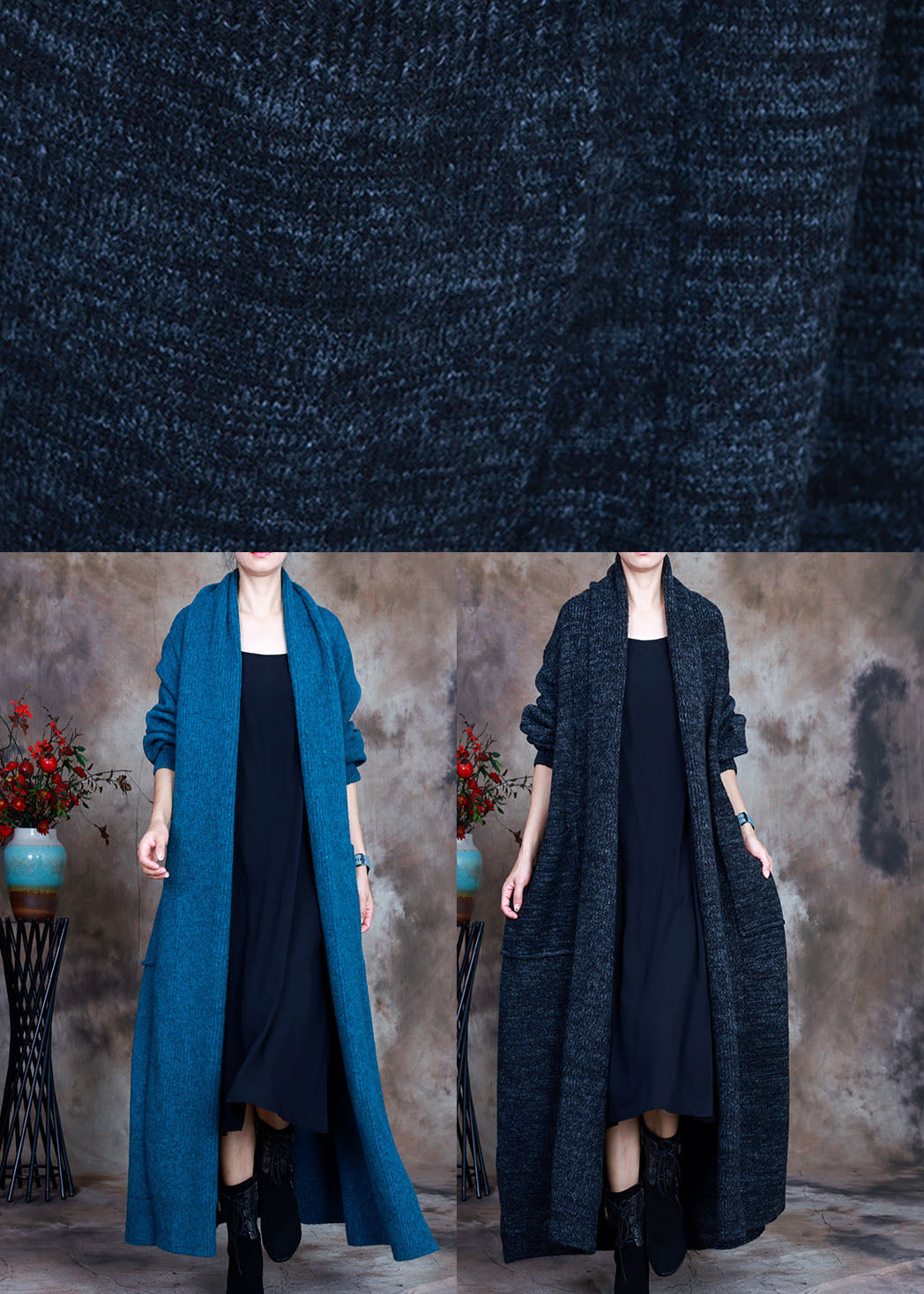 Navy V Neck Fall Knit Loose Cardigans Sweaters