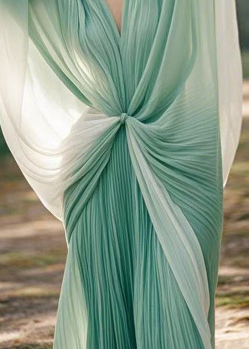 Green V Neck Wrinkled Chiffon Two Piece Dress