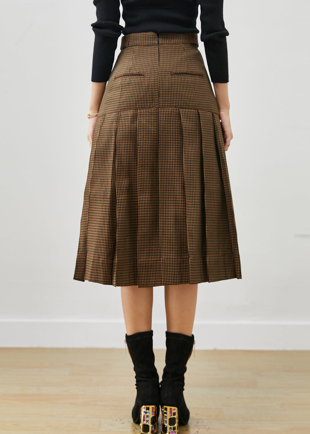 Brown Rivet Silm Cotton Pleated Skirts Spring