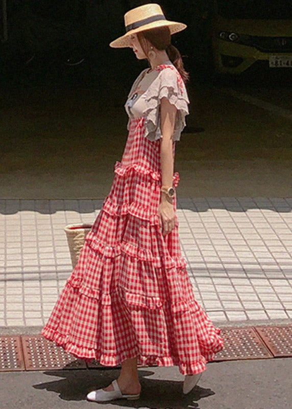 Stylish Red Plaid Slash Neck Button Layered Dresses Sleeveless