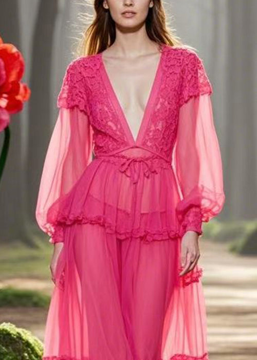 Rose V Neck Ruffled Lace Up Chiffon Long Dresses Spring