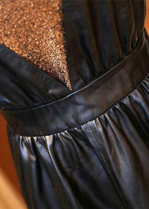 Boutique Black V Neck Fox Collar Slim Fit Sheepskin Dress Sleeveless