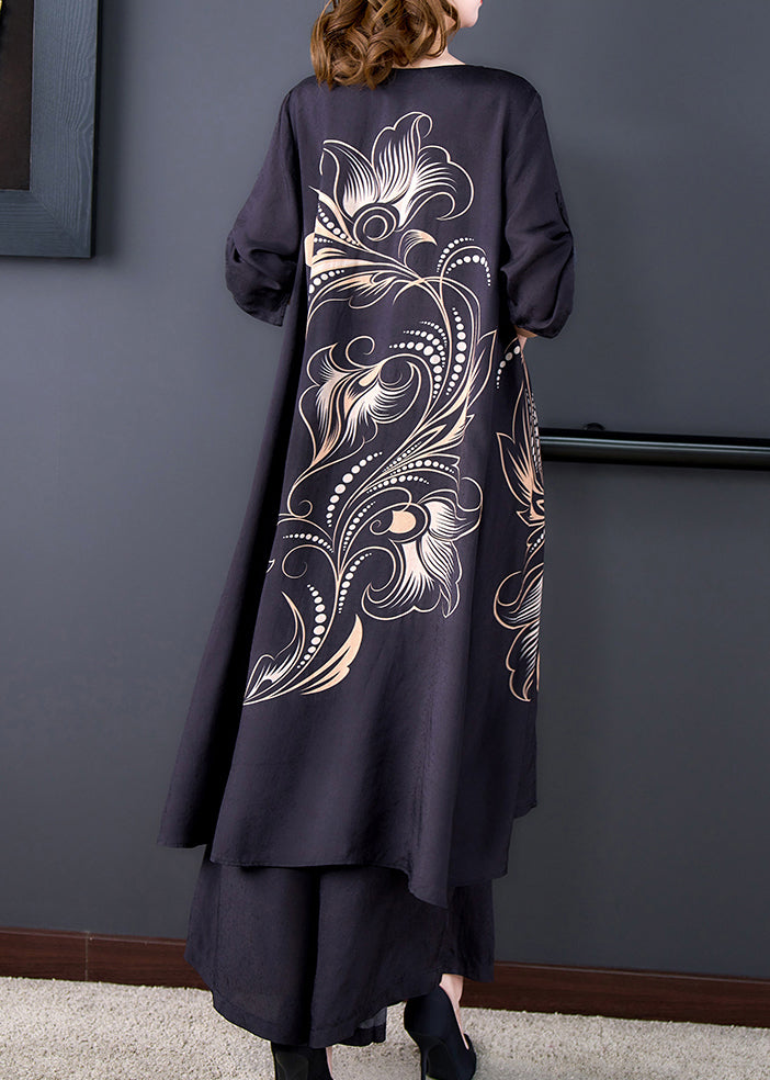 Black Asymmetrical Print Chiffon Top and Wide Leg Pants Two-piece Set Summer