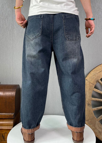 Blue Embroideried Pockets Denim Pants Spring