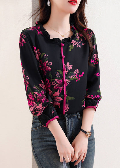 Black Ruffled Print Chiffon Top Long Sleeve