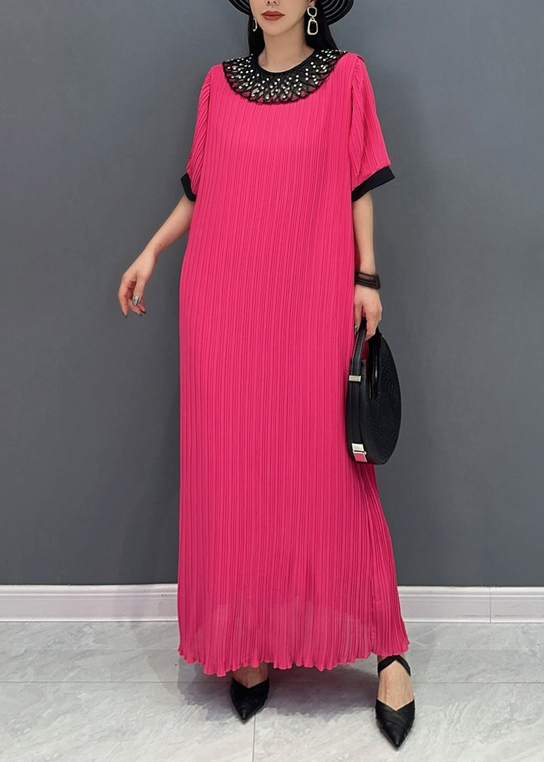 Style Red O-neck Wrinkled Long Dress Short Sleeve