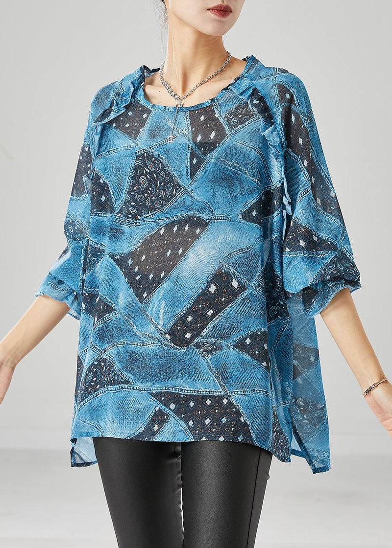 Blue Ruffled Print Chiffon Tanks Fall