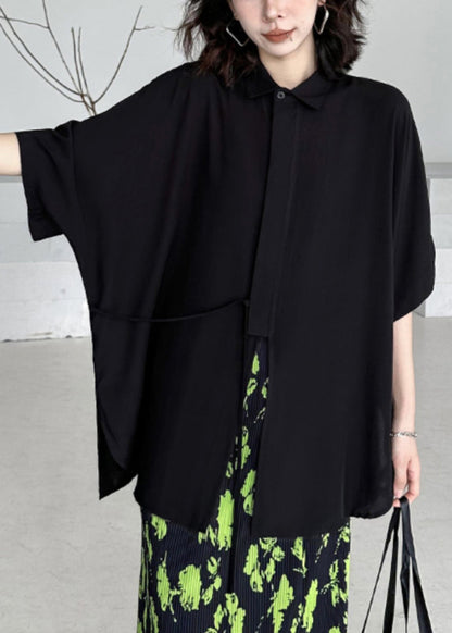 Black Asymmetrical Lace Up Patchwork Cotton Shirt Batwing Sleeve
