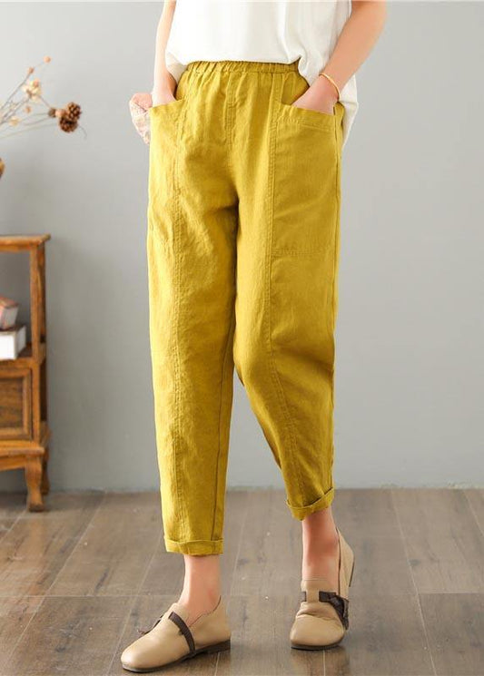 Natural Yellow Pockets Cotton Linen Pants Summer