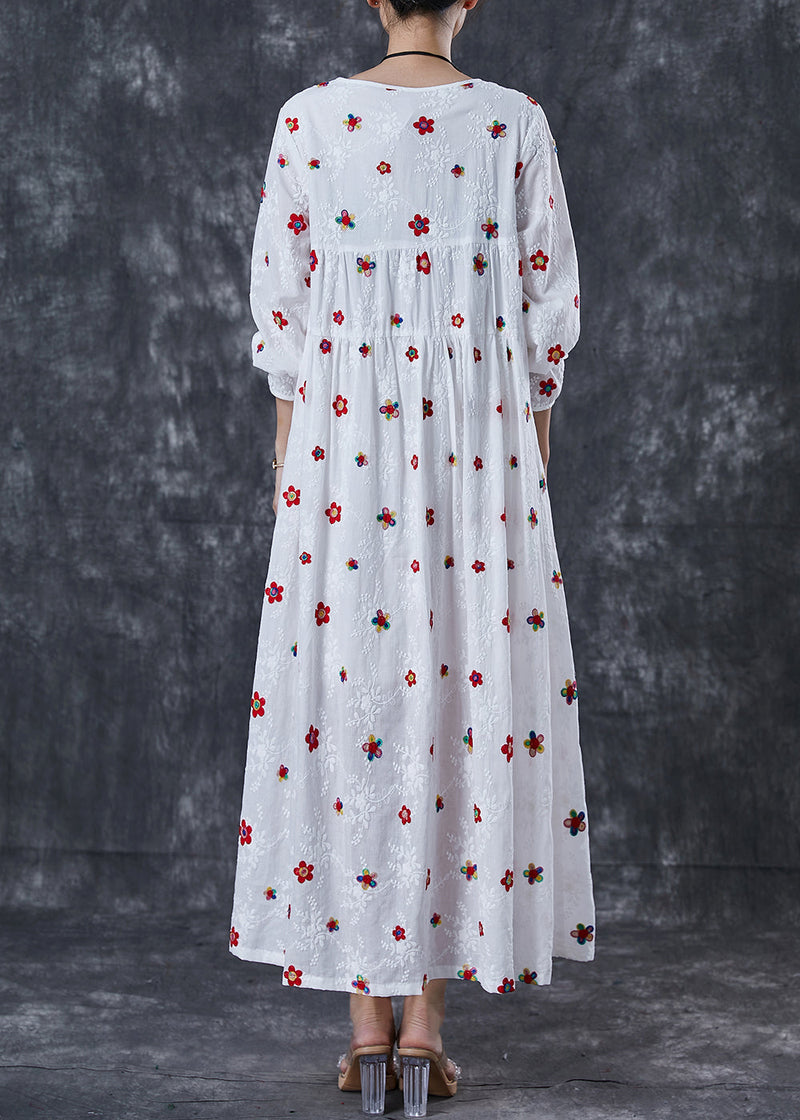 French White Embroidered Cotton Maxi Dress Spring