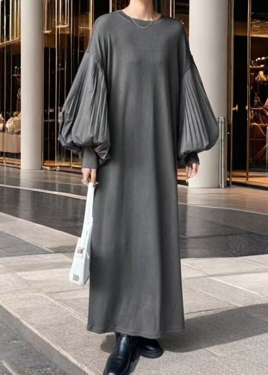 Grey Oversized Patchwork Cotton Dress Lantern Sleeve