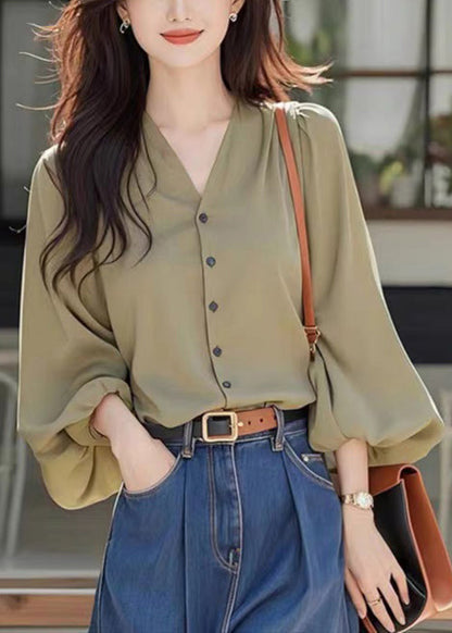 Simple Wasabi Green V Neck Button Cotton Blouses Fall