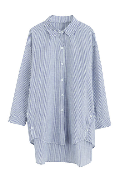 Italian Blue Peter Pan Collar Striped Cotton Shirt Tops Spring