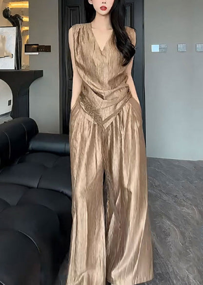 White V Neck Asymmetrical Silk Top and Pants Two Pieces Set Summer