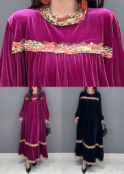 New Purple Wrinkled Patchwork Silk Velour Long Dresses Long Sleeve