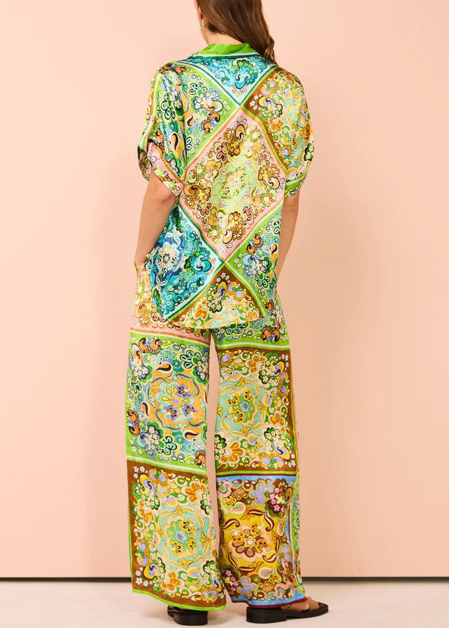 Green Button Print Pockets Cotton Two Pieces Set Summer