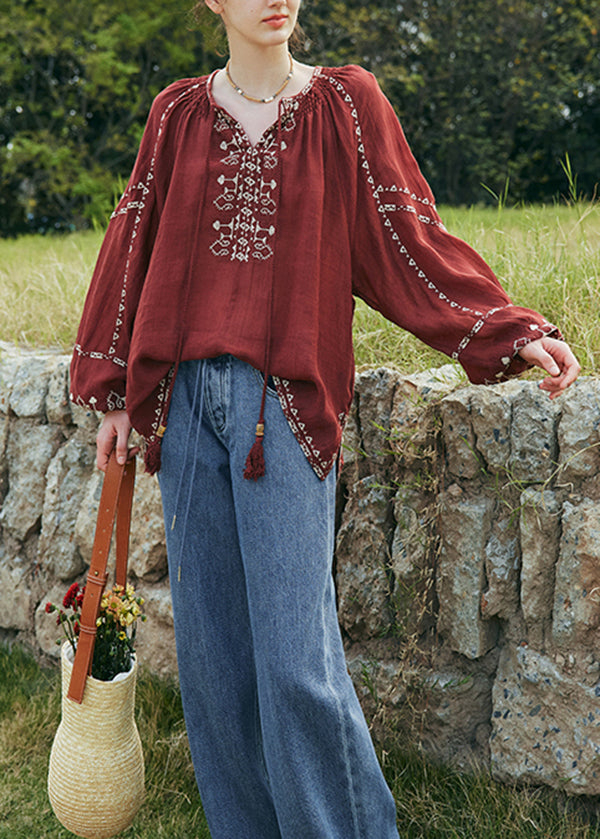 Mulberry Embroidered Patchwork Cotton Blouse Top Lantern Sleeve