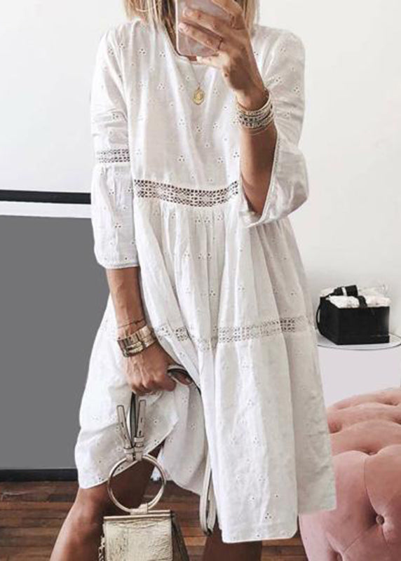 Yellow O-neck Hollow Out Cotton Long Dresses Bracelet Sleeve Summer